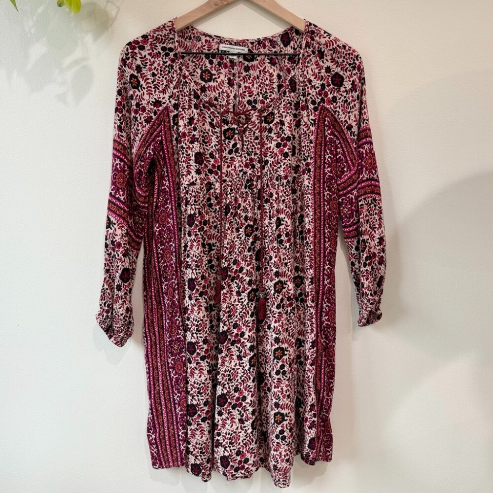 American Eagle Boho Floral Peasant Dress Tassel Tie Long‎ Sleeve Festival Size S